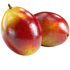 Fresh ripe mango with green leaves isolated on White background