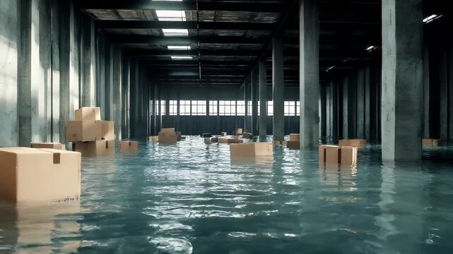 Natural disaster. Devastating loss aftermath scene. flooded warehouse interior with cardboard boxes and water damage.