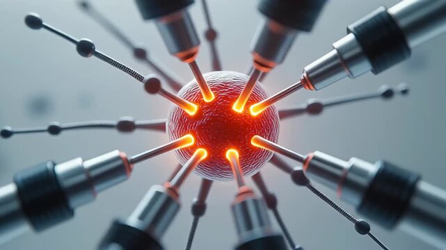 Abstract Nanotechnology Concept with Glowing Core and Probes. 4K Abstract Background Animation Video