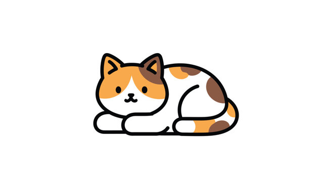 A cute cartoon calico cat lying down on a plain white background with a playful and relaxed mood.