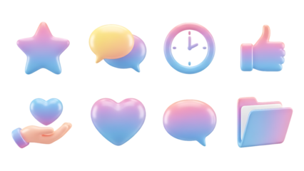 Collection of 3D Rendered Gradient Pink and Blue Social Media and UI Icons, isolated on transparent background