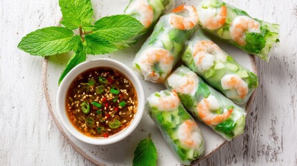 Five vibrant shrimp spring rolls filled with vegetables and herbs are beautifully arranged on a plate beside a small bowl of tangy dipping sauce.