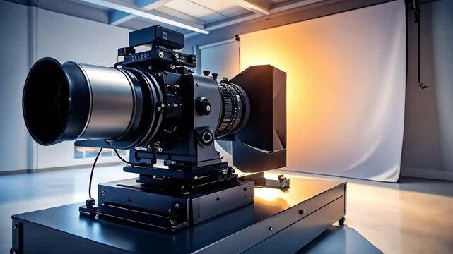 Large format camera sits on a rolling base in a studio setting.