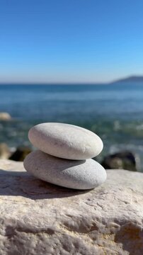 CLOSE UP, VERTICAL: Human hand knocks over a carefully balanced stack of white pebbles near the sea. Blue calm ocean contrasts with sudden action, symbolizing disruption and fragility of balance.