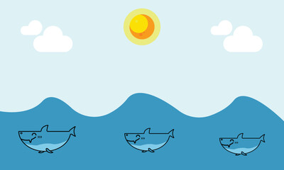 Flat minimalist vector illustration of cute smiling whales swimming in blue ocean waves under sunny sky, playful marine life background for kids and education