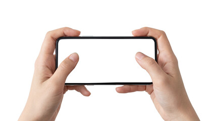 Two hands holding smartphone horizontally with blank white screen isolated on transparent background