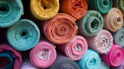 Neatly stacked textile rolls in a fabric store for creative design inspiration