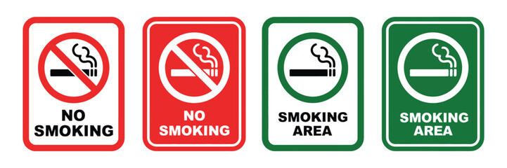 No smoking area and smoking area sign printable, red stop symbol set, ban silhouette icon design template, public safety warning, prohibition graphics, and vector illustration for signage.