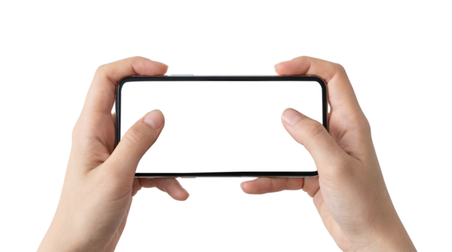 Two hands holding smartphone horizontally with blank white screen isolated on transparent background - Powered by Adobe