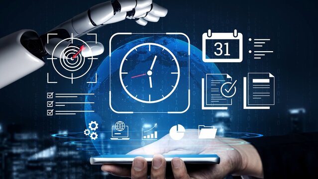 Futuristic Robotic Hand Interacting with Digital Interface Displaying Time, Data, Calendar, and Global Connections in a Technology Landscape Background Gluon. - Powered by Adobe