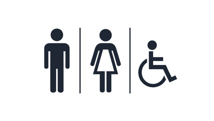 A simple black and white restroom sign depicting male female and wheelchair accessibility symbols for inclusivity