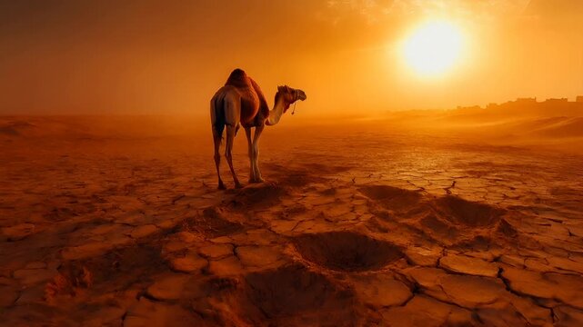 Drought natural disaster. A vivid portrayal of a desert landscape during sunset, with a camel standing prominently in the foreground. The camel is captured in a side profile.