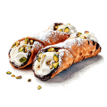 Watercolor-style vector illustration of Cannoli, isolated on a clean white background.