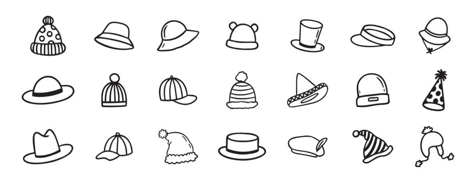 hat doodle hand drawn icon set. Outline drawing hats line clipart symbol collection