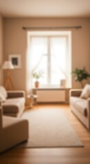 Fototapeta premium Blurred modern living room interior background with soft window light and bokeh