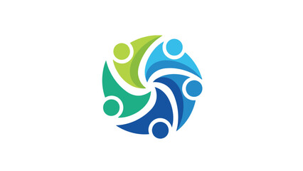Naklejka premium A vibrant circular logo featuring stylized human figures in shades of green and blue symbolizing collaboration and unity