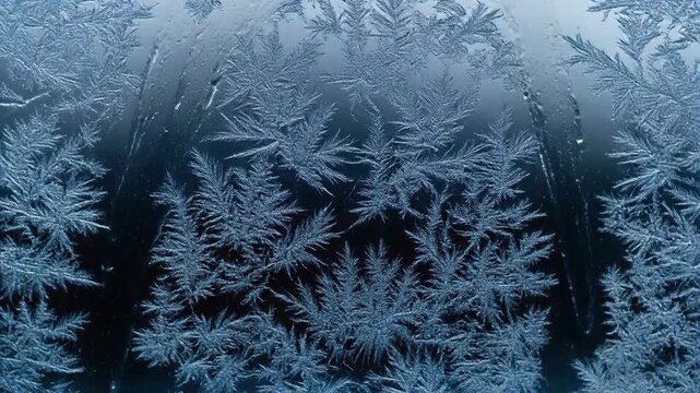 Frosted window with intricate ice crystal patterns in cool blue tones