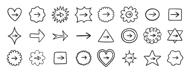 Fototapeta premium Cute arrow in frame set for bullet journal doodle hand drawn icon set. Diary note arrow elements in the shape of flower, star, heart, circle.