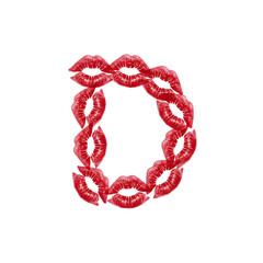  Isolated capital Letter "D" through clever negative space. The form emerges from the precise gaps between a cluster of vibrant red lipstick kiss marks on whiter background	