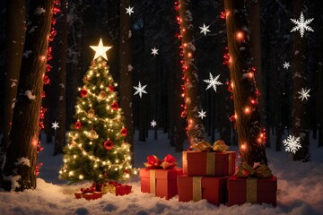 A Christmas tree surrounded by presents in the snow