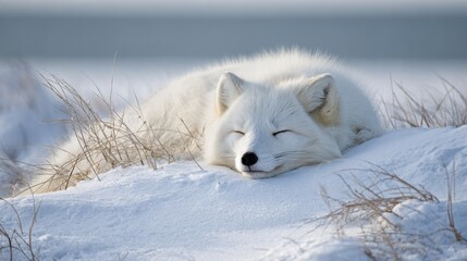 Obraz premium A fluffy white Arctic fox lies comfortably on a blanket of snow, eyes closed, enjoying the calm of a chilly winter day in its natural habitat.