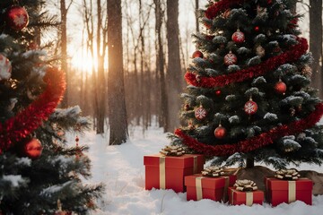 A Christmas tree with presents under it in the snow