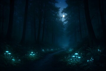 Fototapeta premium Mystical forest path at night with bioluminescent mushrooms under a full moon