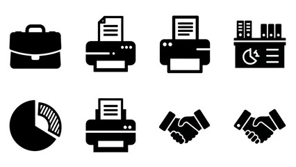 Collection of office and business icons including briefcase, printer, pie chart, handshake, and binders