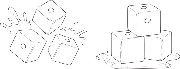 Scattered and stacked dice melting in minimalist line style