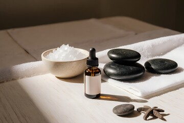 A bowl of sea salt and a bottle of essential oils