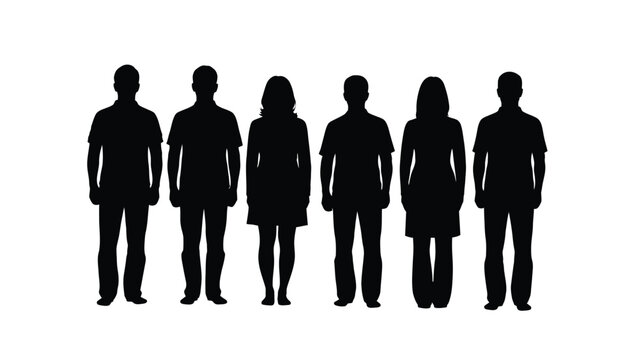 A row of six silhouetted figures stands against a plain white background displaying a simple and minimalist composition