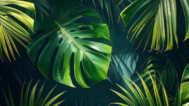 Lush green tropical foliage of palm and monstera leaves creates a vibrant background.