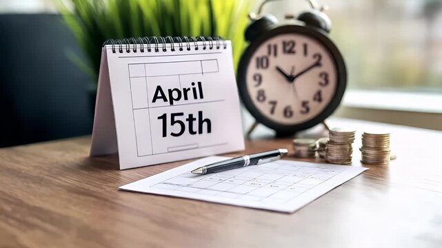 Tax return season. A closeup shot of a desk with a calendar, a pen, and a stack of coins. The calendar is dated April 15th.