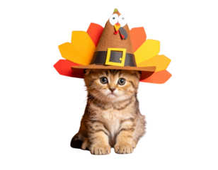 A kitten wearing a paper hat in the shape of a turkey, thanksgiving crafts, brown bac