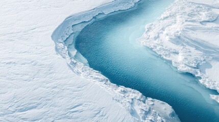 A bright blue stream winds through the melting ice of a glacier, reflecting the midday sun. The white ice contrasts beautifully with the water beneath, creating a peaceful scene.