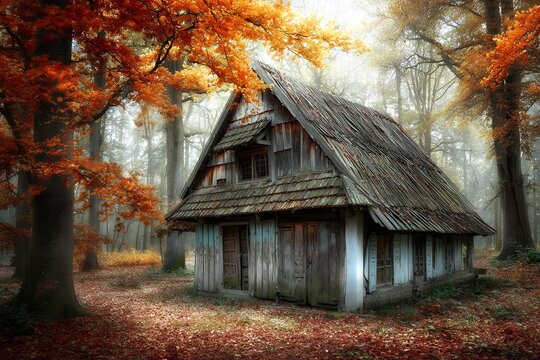 Rustic wooden cabin in autumn forest with vibrant foliage and mist - Powered by Adobe