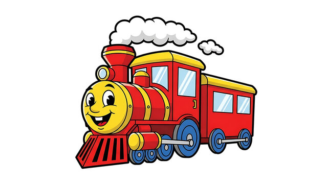 Smiling cartoon train with yellow and red colors isolated on white background