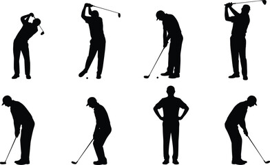 Set of black golfer silhouettes in various poses, golf swing and putting actions icons collection, minimalist sports figures isolated on white background