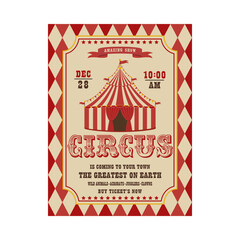 Retro circus show poster design featuring a striped big top tent, decorative typography, and harlequin border.