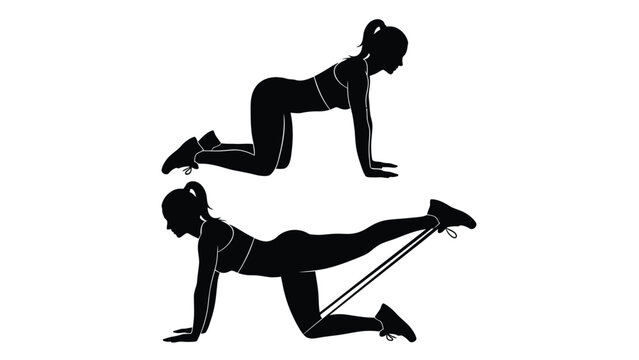 A silhouette illustration depicts a woman performing two variations of a fitness exercise using resistance bands focusing on glute activation