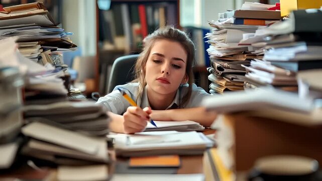 Tax return season. A woman in a cluttered office setting is shown with her head resting on a desk surrounded by stacks of papers and binders.