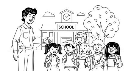 Teacher standing with students in front of school building with tree and clouds