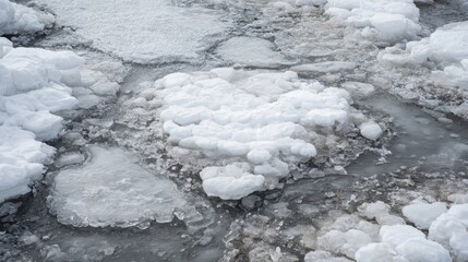 White ice formations float on a partially frozen lake, creating unique shapes among patches of clear water. The scene is calm and serene, typical of winter weather.