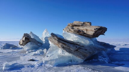 Large ice formations and wooden debris are scattered across a frozen landscape under a clear blue sky. The scene showcases the stark beauty of a remote Arctic area in winter.