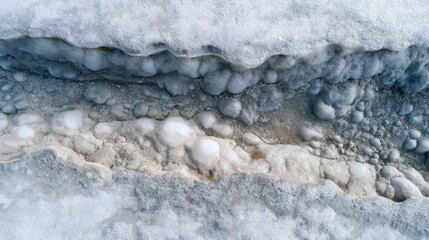 Close-up view of intricate snow and ice formations revealing layers of frost in a cold environment. The patterns show natural artistry created by freezing temperatures.