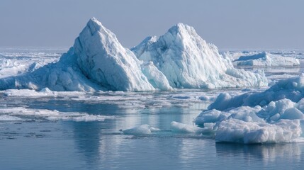 Large icebergs rise above the water surface, surrounded by smaller ice formations. The clear skies reflect on the calm surface, showcasing a tranquil Arctic scene during summer.