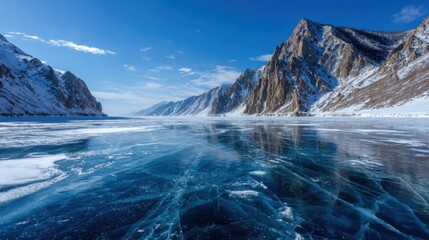 A breathtaking scene depicts a frozen river reflecting blue ice beneath towering mountains. The sun shines brightly over the snow-covered landscape, showcasing the beauty of winter.