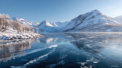 A frozen lake reflects the snow-covered mountains under a clear blue sky. The serene landscape showcases trees with frost and the tranquility of winter in a remote area.