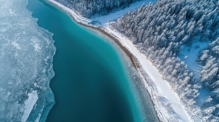 A beautiful winter scene showcases a frozen lake bordered by lush, snow-covered trees. The calm water reflects the clear sky, creating a peaceful atmosphere.