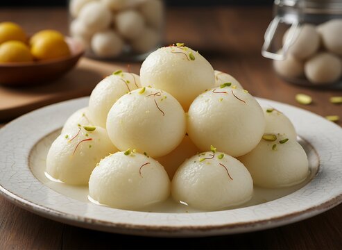 Indian Rasgulla or Rosogulla dessert/sweet served in a bowl. selective focus